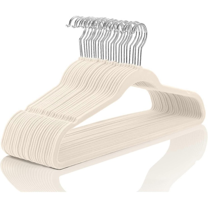 Umerase pentru haine, set 10 bucati, design subtire, non-alunecare, culoare ivory, carlige aurii, dimensiuni 17.5x0.2x9 inch