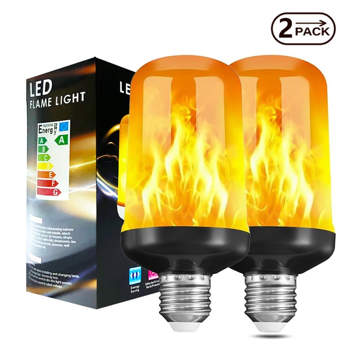 LED крушка с пламък, 4 режима, сензорно регулиране нагоре/надолу, крушка с пламък с цокъл E26, декорации за Хелоуин за вътрешна/външна употреба, осветление за Хелоуин, комплект от 2 броя (жълт)