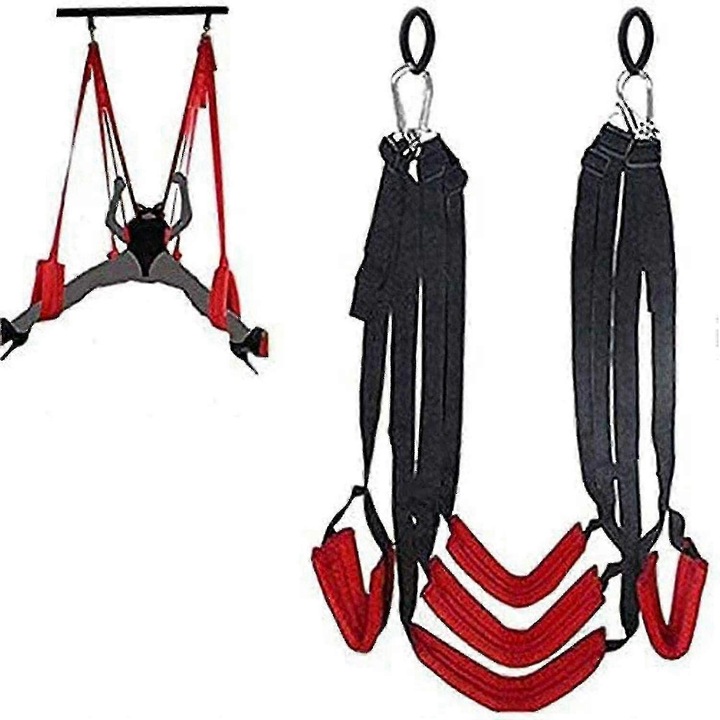 Hamac leagan cu curea, versiune imbunatatita, 5 pad-uri, negru-rosu, pentru adulti