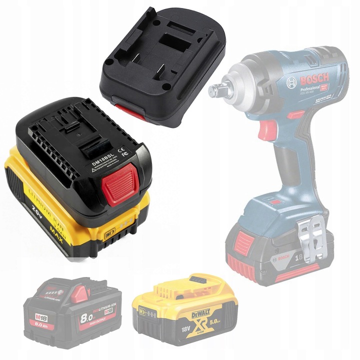 Adapter pentru acumulator Bosch DM18BSL, compatibil cu Dewalt si Milwaukee, montaj usor, constructie solida