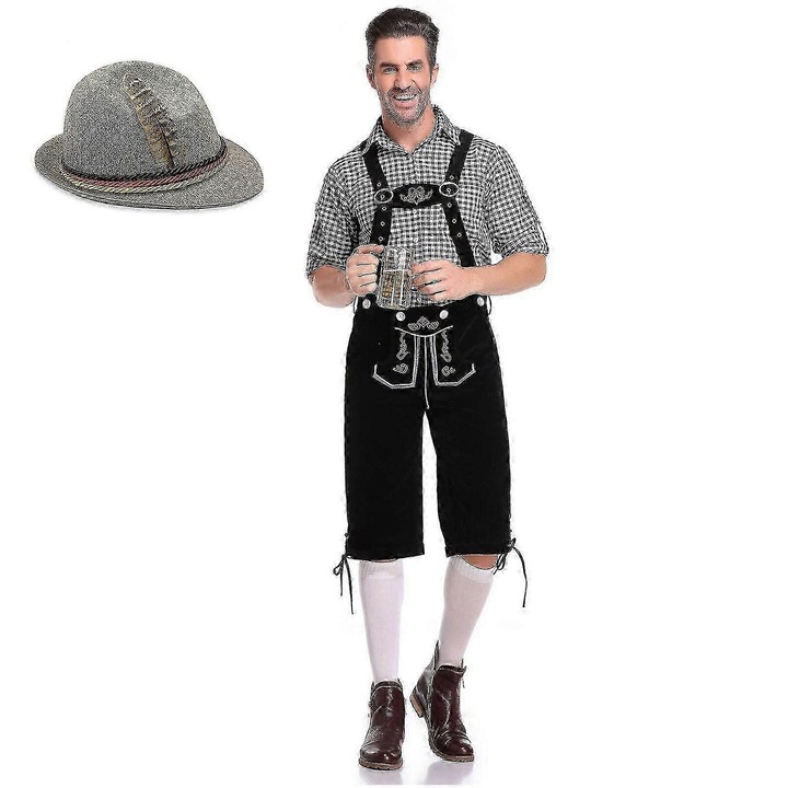 Costum Bavarez Oktoberfest pentru barbati, pantaloni din piele brodati, camasa, palarie, multicolor, M-L-XL-2XL, set
