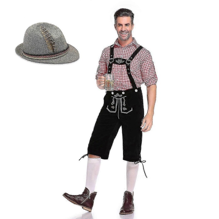 Costum bavarez, pentru bărbați, pantaloni din piele, cămașă, pălărie