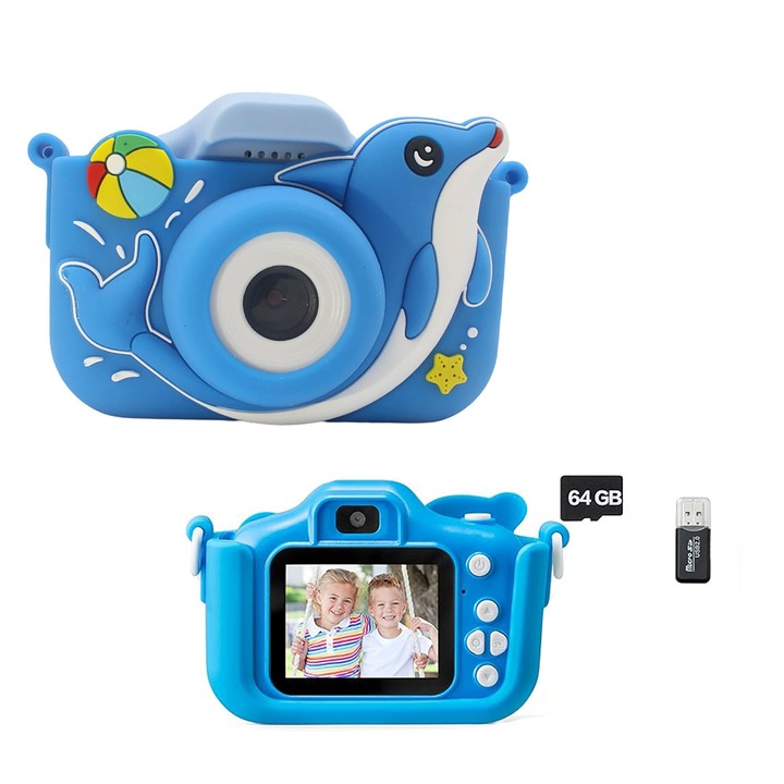 Детска цифрова камера, 48MP, 1080P, синя, с 64GB SD карта, пълен комплект