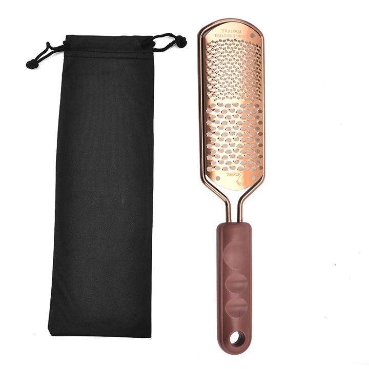 Pila pentru picioare, BPMSTOM, ABS/Otel inoxidabil, Cu geanta de depozitare, indepartare piele moarta/uscata, Maro/Argintiu, 28 x 6 cm