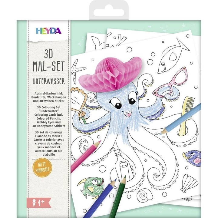 Set desen 3D Heyda, Ocean, 4 imagini, 6 creioane, 19,5x21cm