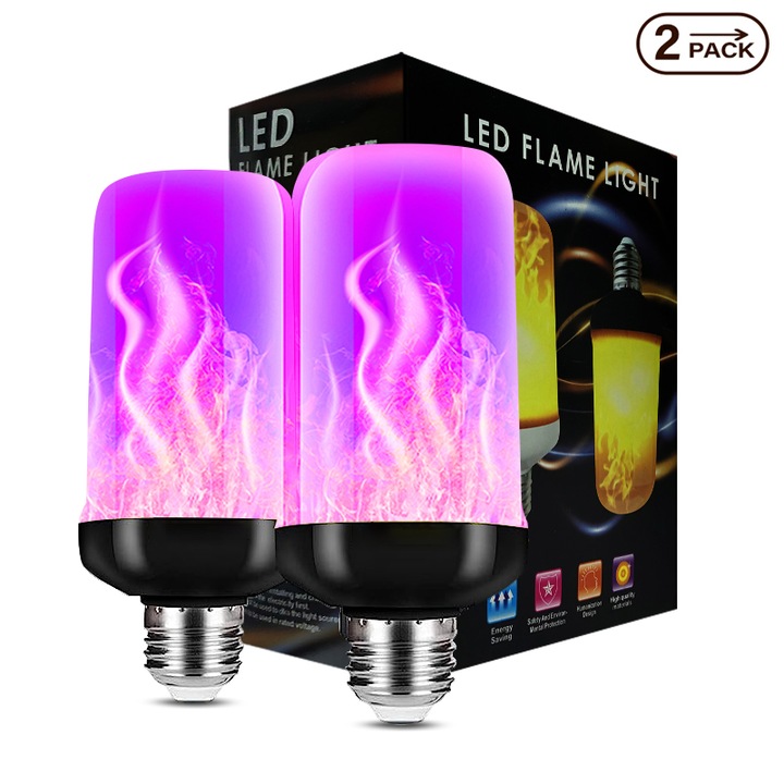 Bec LED cu efect de flacara, 4 moduri de palpaire cu efect invers, Bec cu flacara baza E26, Decor de Halloween pentru interior si exterior, Lumina de Halloween, Set de 2 bucati (violet)