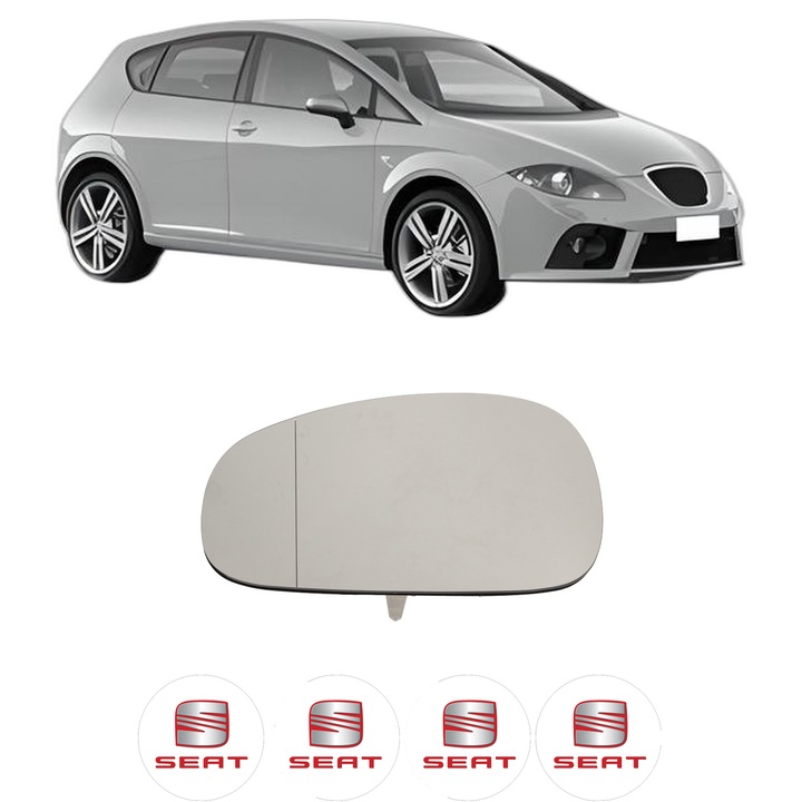 Sticla oglinda exterioara Stanga SEAT LEON (1P1) din 2005 - 2013, auto, cu incalzire, Cri-Flo, 4 stickere auto SEAT