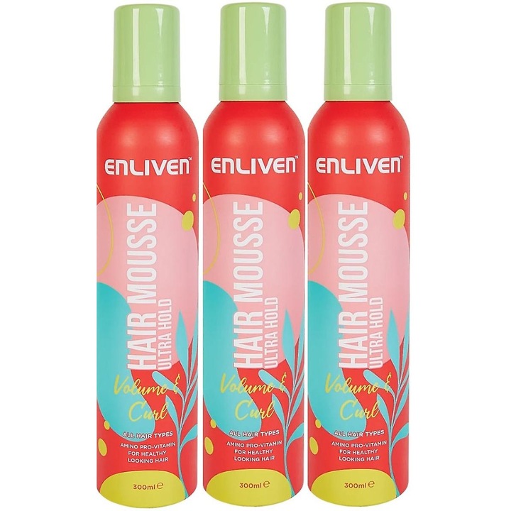 Set 3 x 300ml spuma de par Volume & Curl Ultra Hold, pentru toate tipurile de par, cu amino pro-vitamina, Enliven