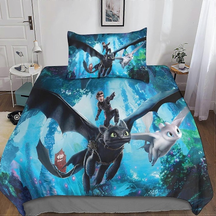 Set lenjerie de pat Dragon Train, 1 cuvertura de pat 135x200cm, 1 fata de perna 48x75cm, microfibra, fermoar, pentru baieti si fete