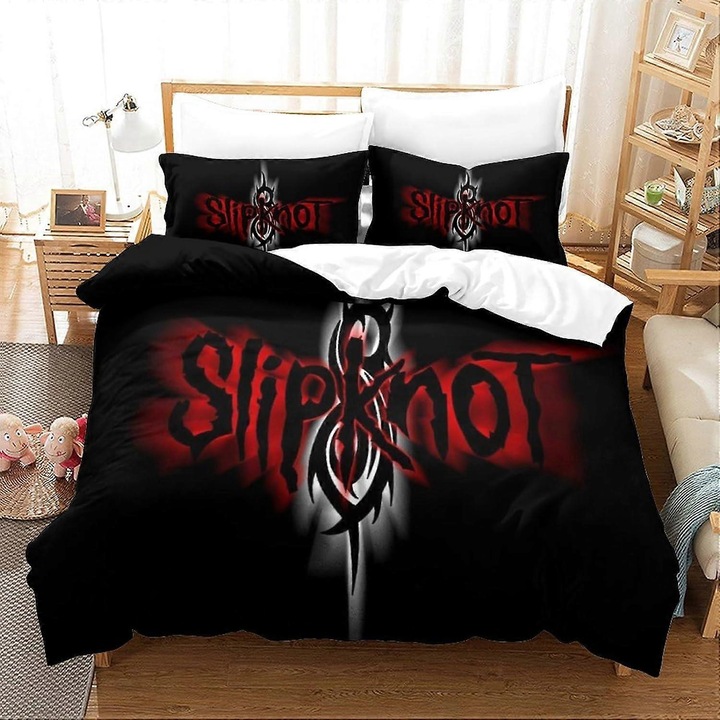 Set lenjerie de pat 3D Slipknot, 3 piese, microfibra, multicolor, dimensiuni: 135x200cm, 48x75cm