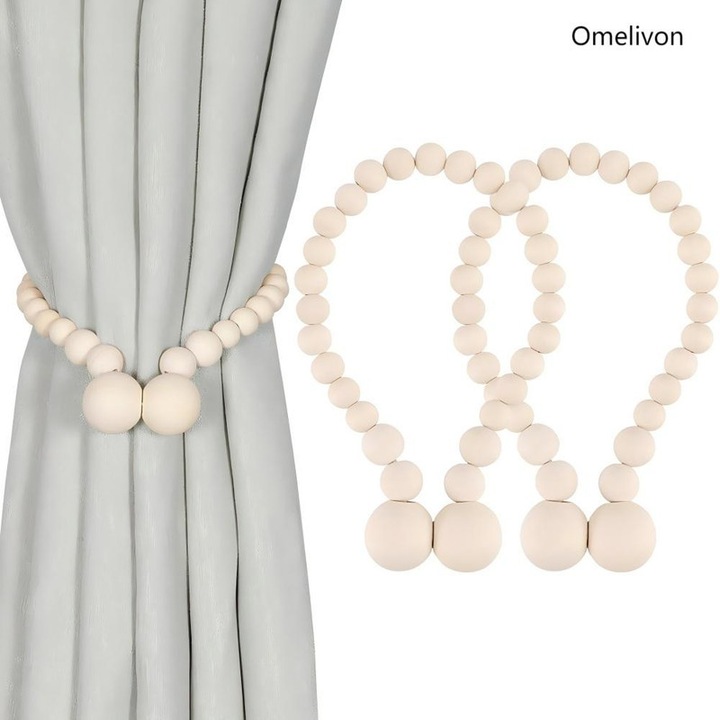 Set 2 suporturi pentru perdele cu margele din lemn, Omelivon, magnetice, design boho, rezistente, naturale