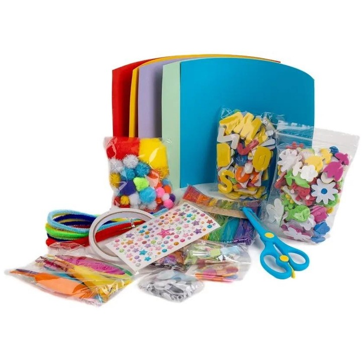 Set creativ pentru copii Fandy, taiat hartie, pomponi, multicolor