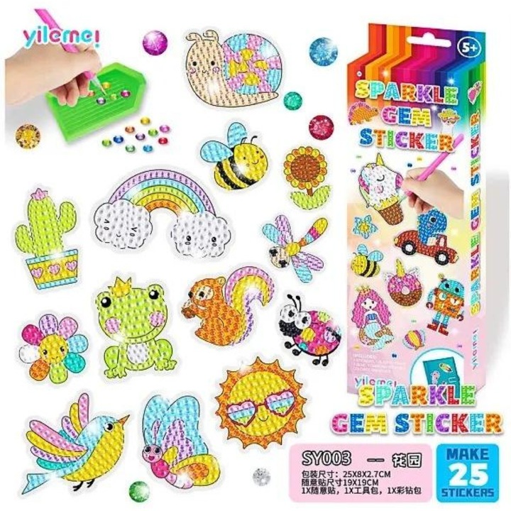 Set de artizanat Fandy, mozaica diamant, sabloane, pietricele acrilice, recipient plastic, unealta aplicare