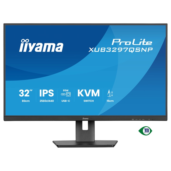 Монитор IIYAMA XUB3297QSNP-B1, 32'', 3- side borderless, IPS panel, AG, 16:9, WQHD 2560x1440, 350cd/m2, 1000:1, 100Hz, 1ms, Blue light reducer, Flicker free, Adaptive Sync, KVM, HDMI, DP, USB-C, 4x USB, LAN, DP Out, Speakers, HAS, Swivel, T XUB3297QSNP-B1