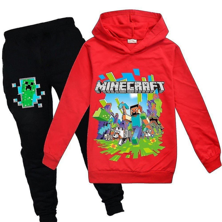 Set Trening cu Gluga copii Minecraft Game, Unisex, 9-10 Ani, bumbac, Rosu/negru