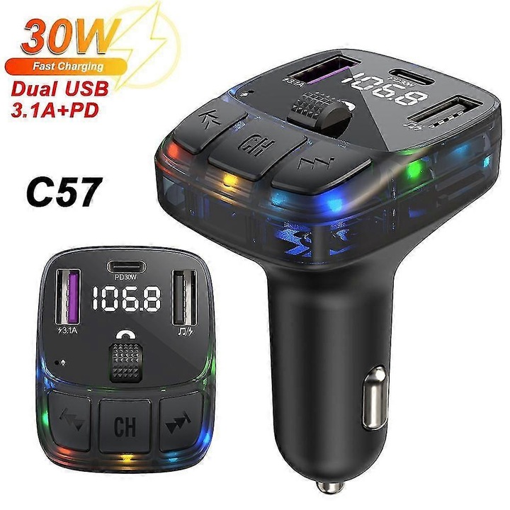 Transmitator Bluetooth auto, 5.3, incarcare rapida PD 30W, dual USB 3.1A, apeluri hands-free, suport TF si U disk, RGB LED, 12V