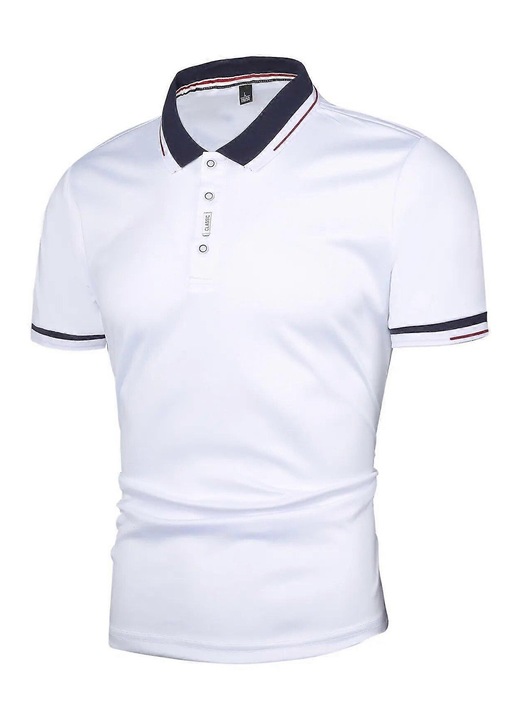 Férfi galléros póló, alkalmi, fehér, pamut és poliészter anyagból, egyszínű, rövid ujjú