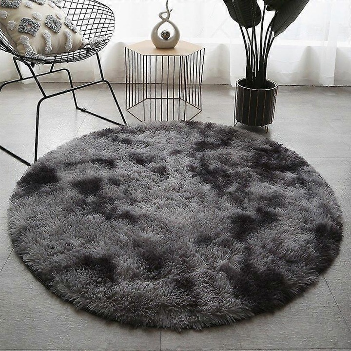 Covor rotund din poliester, 80x80cm, gri inchis, cu design tie-dye, pentru living si dormitor