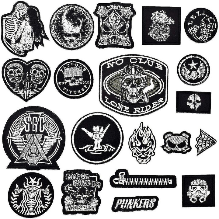 Set 20 Pachete Patches Aplicate (Skull/Punk) pentru Imbracaminte, Rucsaci, Blugi, Dimensiune 6.5x11.5cm, Material Poliester