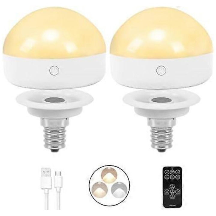 Акумулаторни крушки E14, комплект от 2, 300 лумена, еквивалент на 40W, подвижно зареждане, 3 цветови температури, дистанционно управление