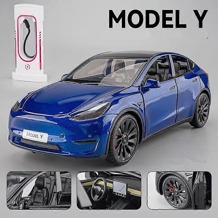 Tesla Model Y autómodell, öntött fém, kék, 1:24