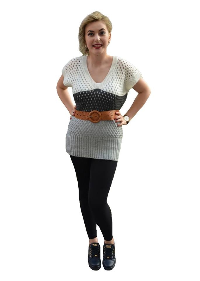 Bluza moderna,tip vesta cu decolteu in V mare,D&J Exclusive, Gri/Alb