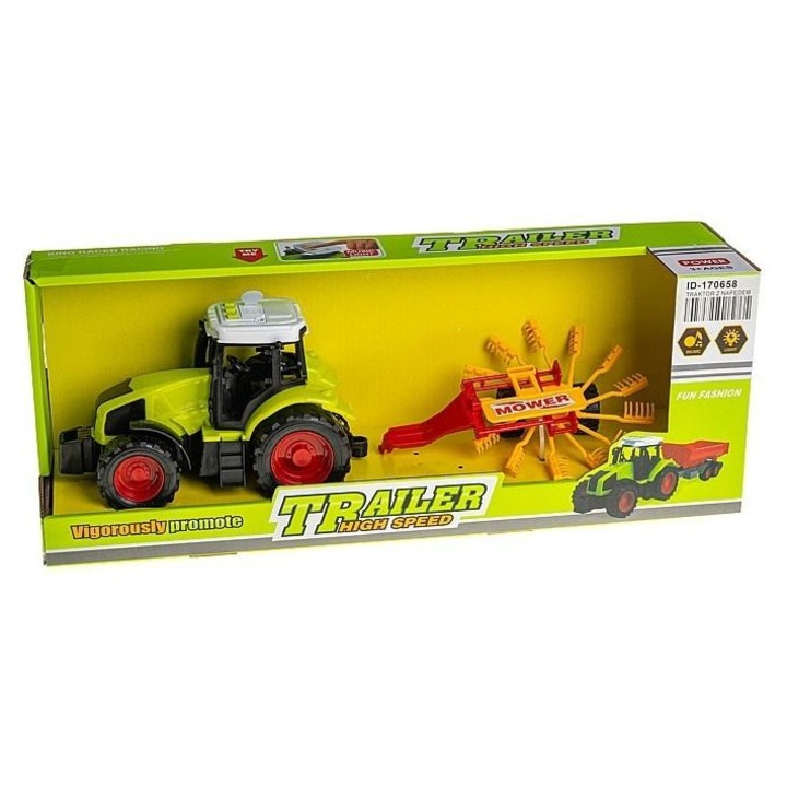 Tractor jucarie ADAR, cu masina agricola, lumini si sunete, 42x16x11cm, alb/negru