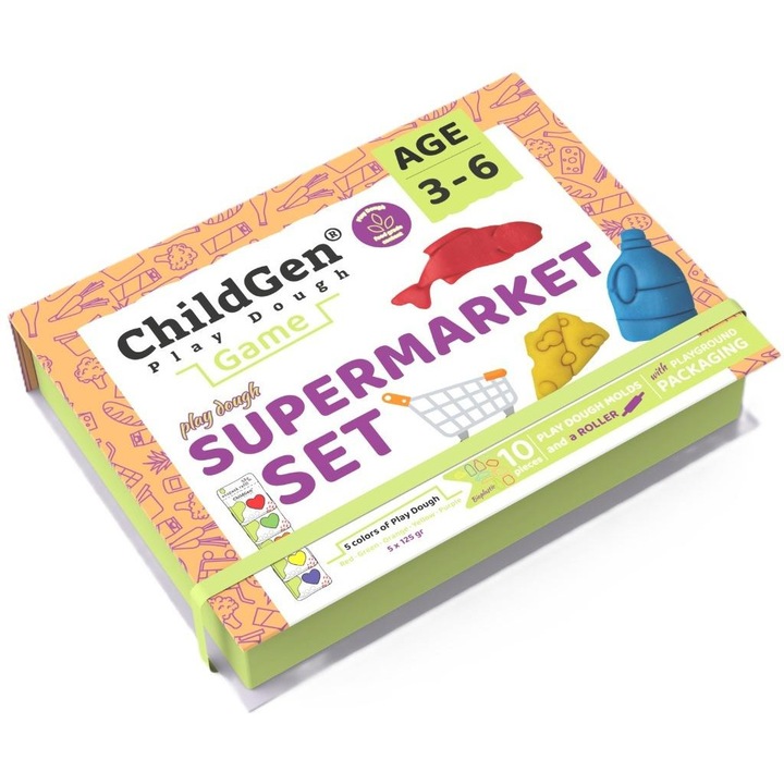 Комплект пластилин, ChildGen, магазинна тематика, 5 цвята естествен пластилин, 10 форми, 30x25x10см