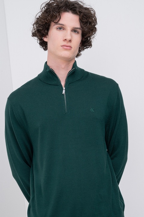 CALVIN KLEIN, Gyapjúpulóver cipzáros nyakrésszel, Angolzöld