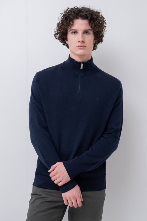 CALVIN KLEIN, Gyapjúpulóver cipzáros nyakrésszel, Tengerészkék