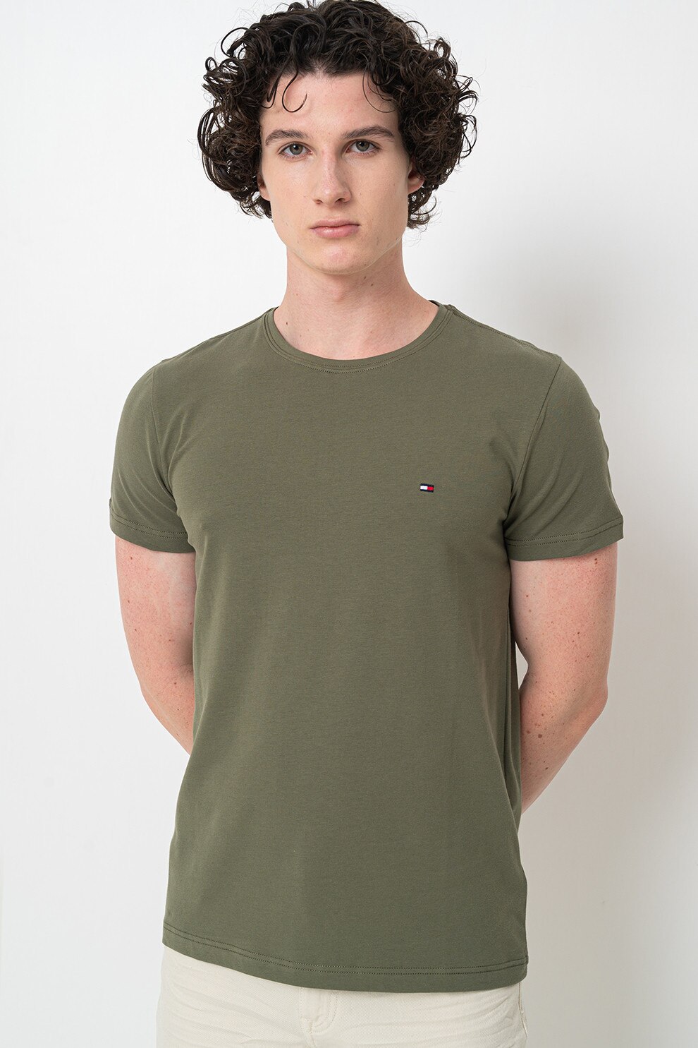 Tommy Hilfiger, Tricou slim fit cu decolteu la baza gatului, Verde, Verde feriga, 2XL