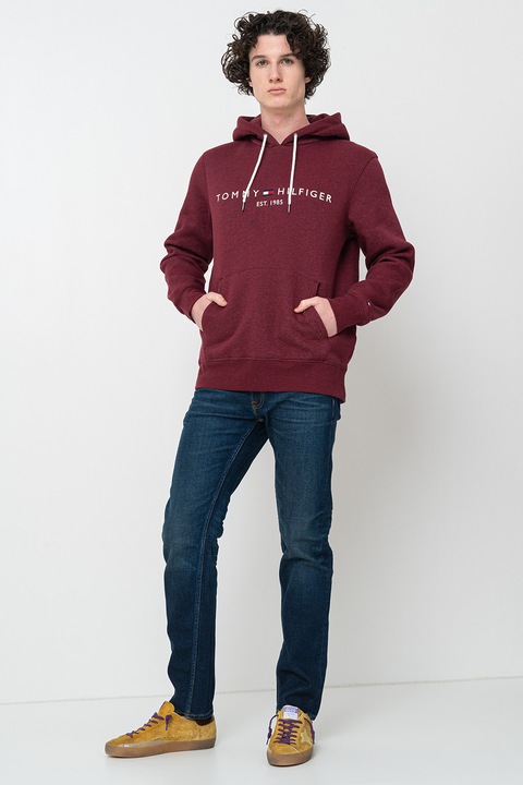 Tommy Hilfiger, Hanorac cu buzunar kangaroo si logo, Visiniu/Gri inchis
