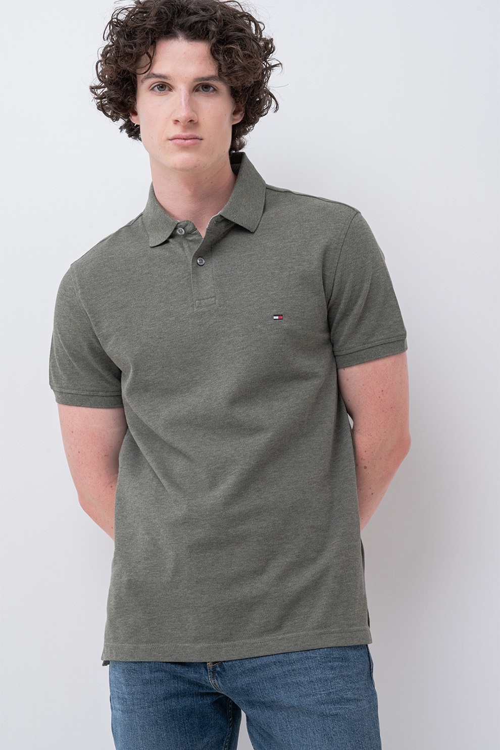 Tommy Hilfiger, Tricou polo din amestec de bumbac organic 1985, Verde melange, L