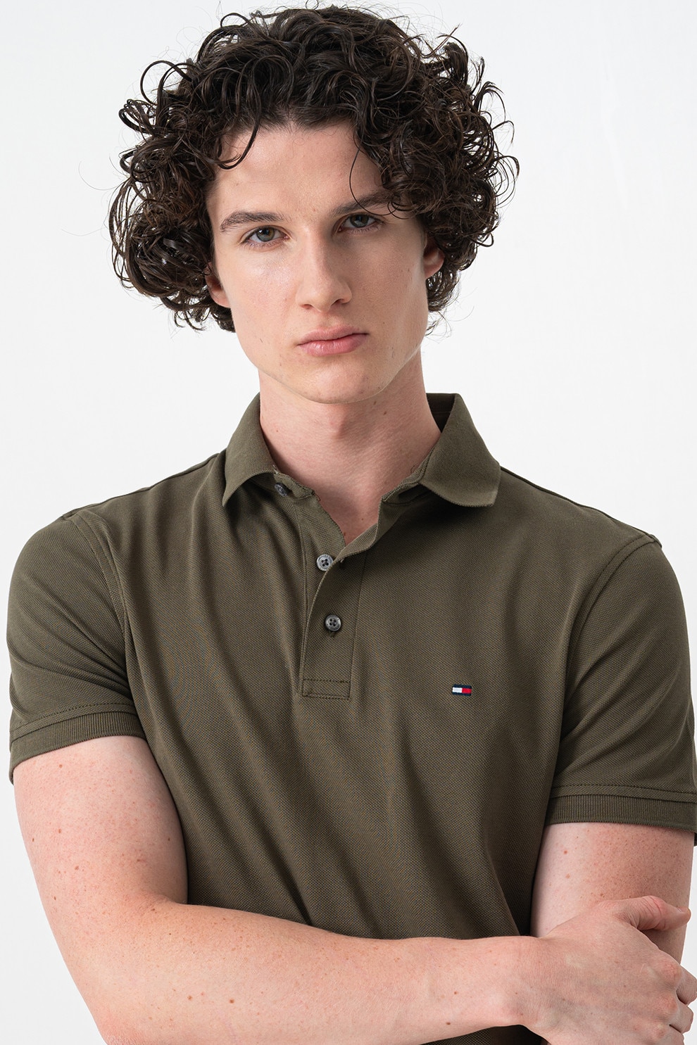Tommy Hilfiger, Tricou polo slim fit din amestec de bumbac organic, verde militar inchis, M