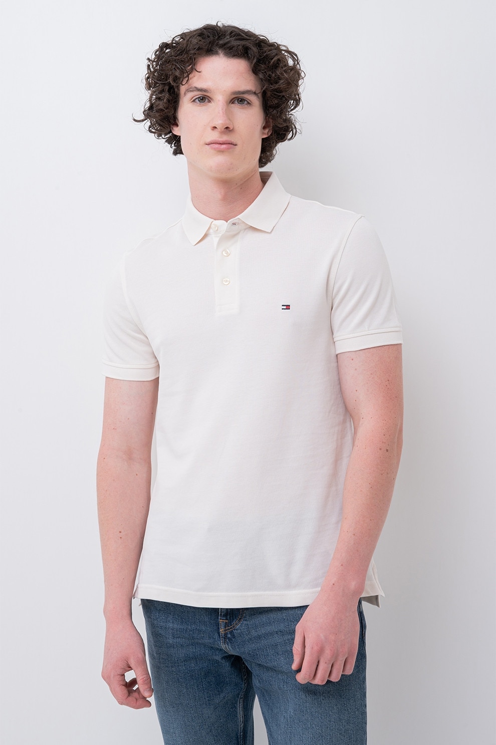 Tommy Hilfiger, Tricou polo slim fit din amestec de bumbac organic, Crem, L