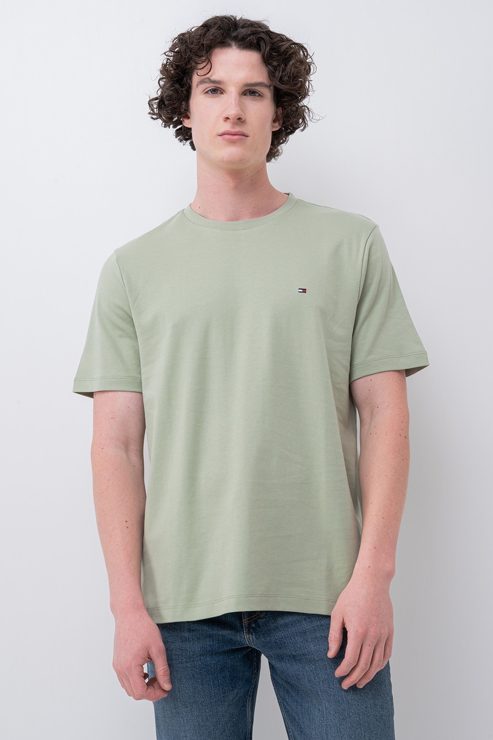 Tommy Hilfiger, Tricou de bumbac organic cu logo discret, Verde deschis, L