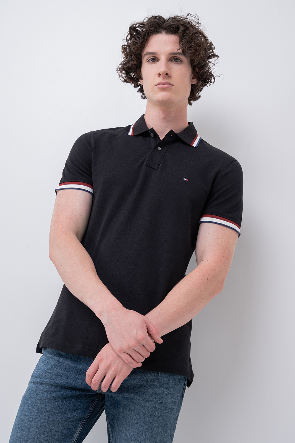 Tommy Hilfiger, Tricou polo slim fit Cuff Interest, Negru, M