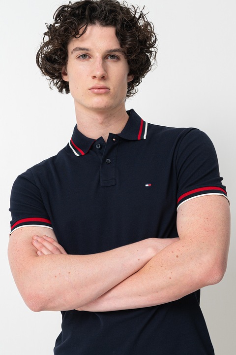 Tommy Hilfiger, Tricou polo slim fit Cuff Interest, Rosu/Alb/Albastru ultramarin