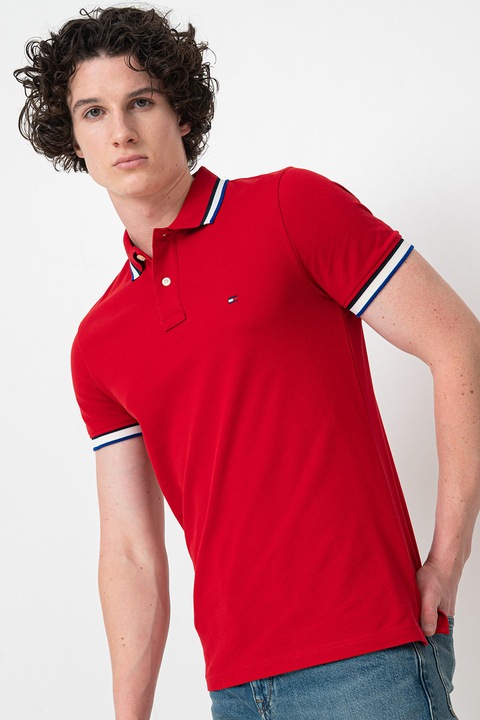 Tommy Hilfiger, Tricou polo slim fit Cuff Interest, Rosu/Alb/Albastru