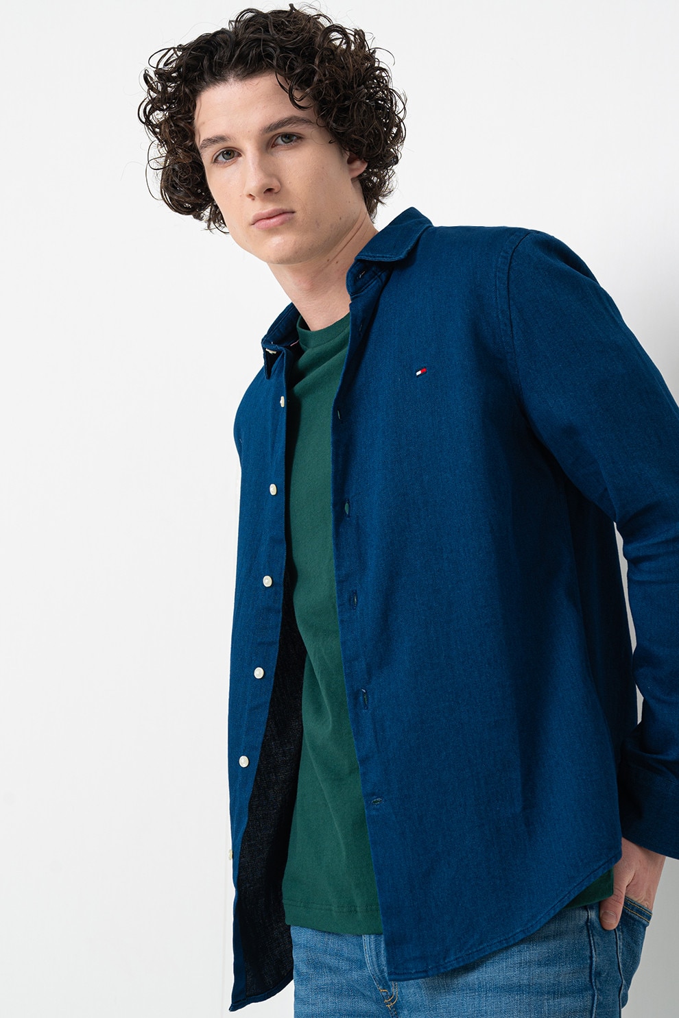 Tommy Hilfiger, Camasa din bumbac cu model uni, Indigo, S