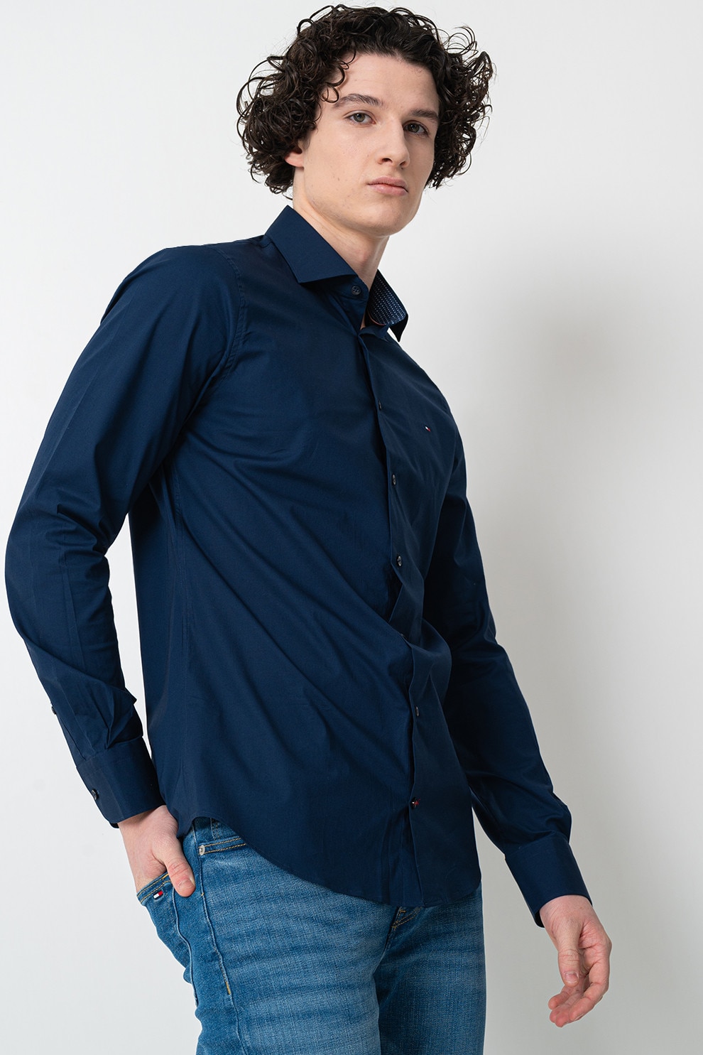 Tommy Hilfiger, Camasa slim fit din amestec de bumbac, Albastru inchis, 42
