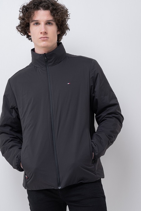 Tommy Hilfiger, Jacheta cu finisaj rezistent la apa si guler mediu, Negru
