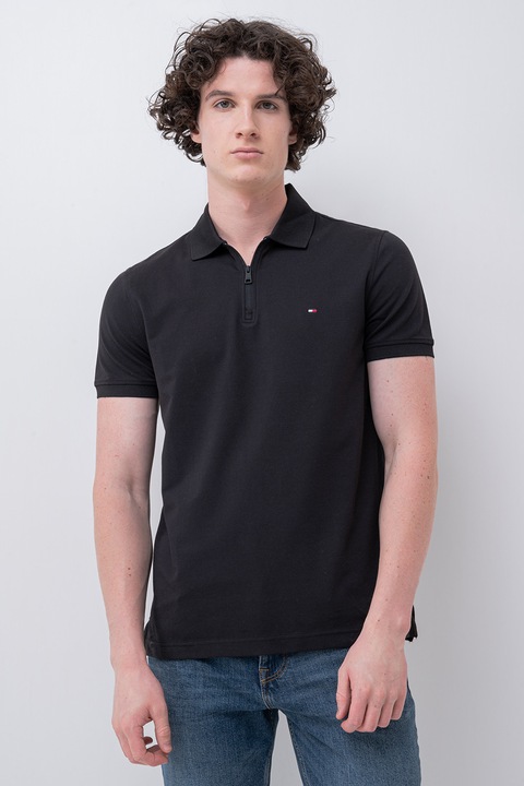 Tommy Hilfiger, Tricou cu guler polo cu fermoar, Negru
