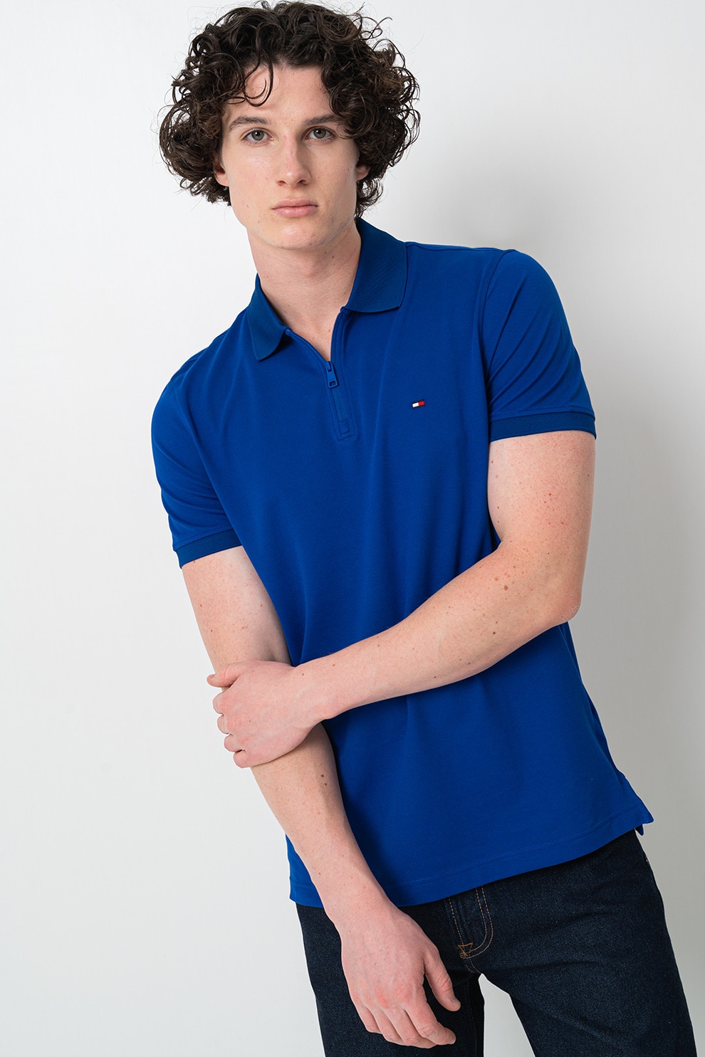 Tommy Hilfiger, Tricou cu guler polo cu fermoar, Albastru royal, L