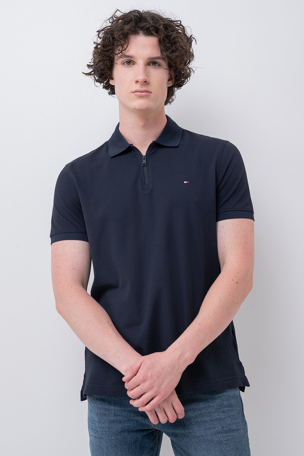 Tommy Hilfiger, Tricou cu guler polo cu fermoar, Bleumarin, L