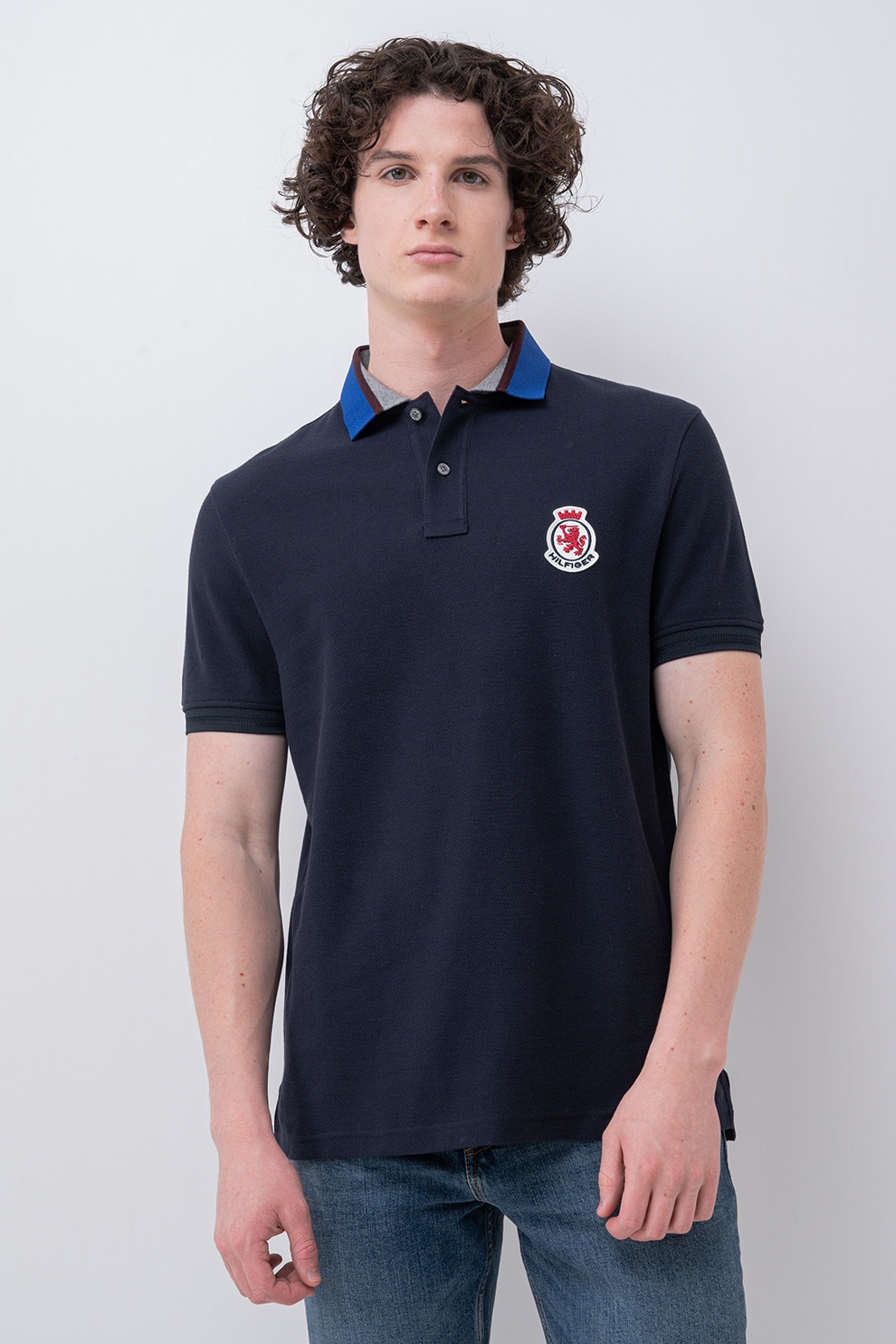 Tommy Hilfiger, Tricou polo din bumbac organic cu aplicatie logo pe piept, Bleumarin, M
