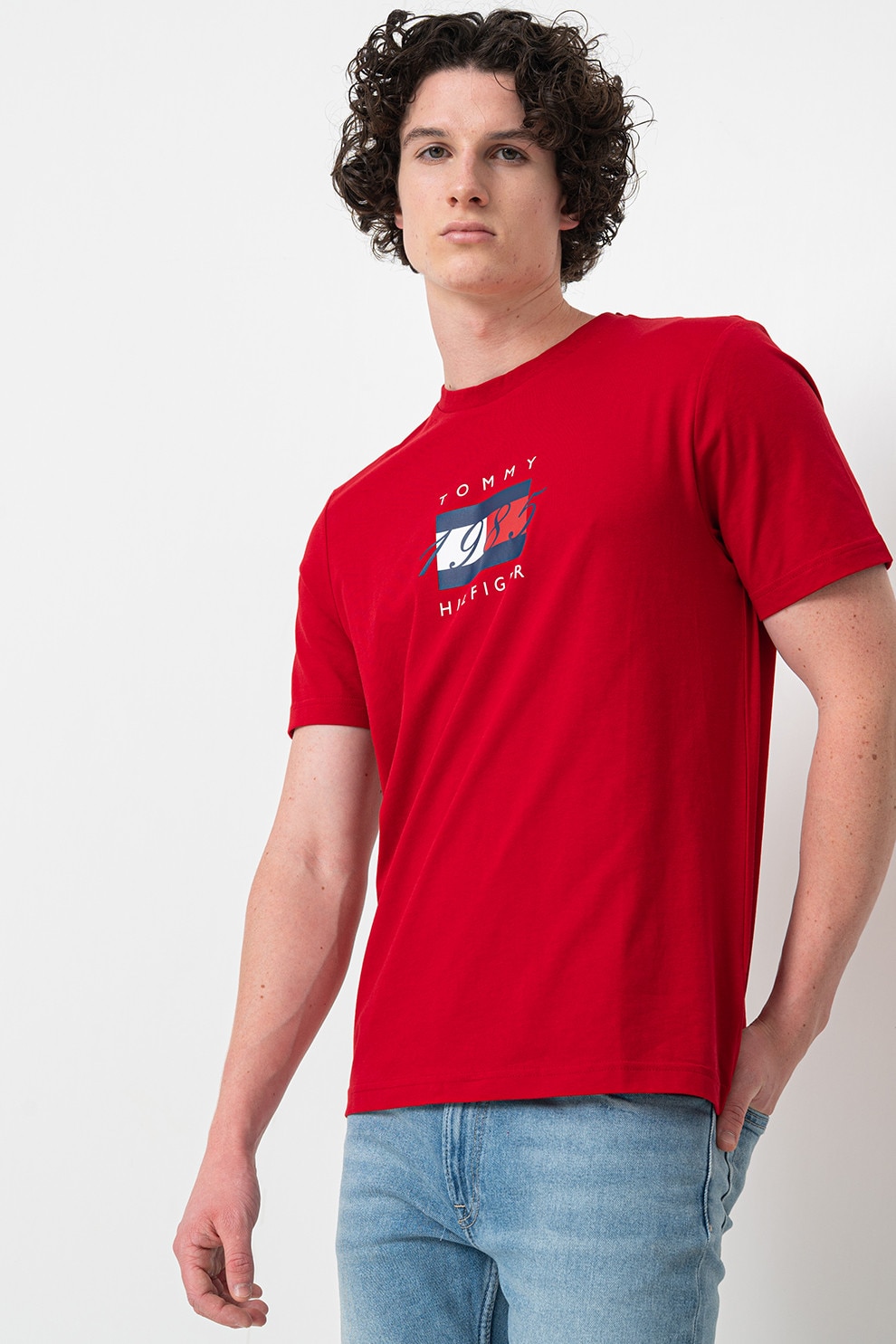 Tommy Hilfiger, Tricou din bumbac cu detaliu logo pe piept, Rosu, Alb, Bleumarin, XL