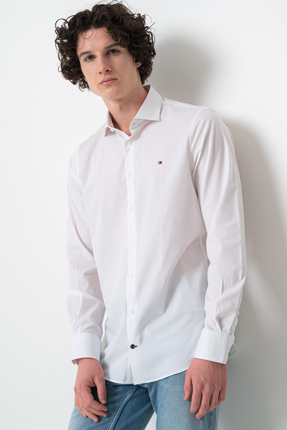 Tommy Hilfiger, Camasa uni de bumbac cu maneci lungi, Alb, 42