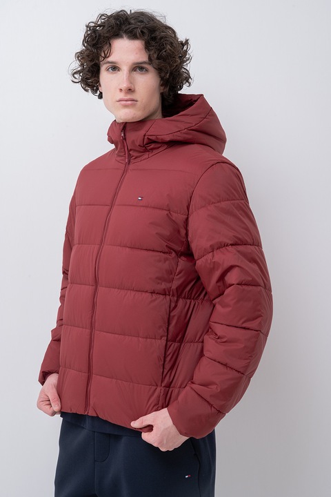 Tommy Hilfiger, Geaca matlasata cu buzunare laterale, Rosu inchis
