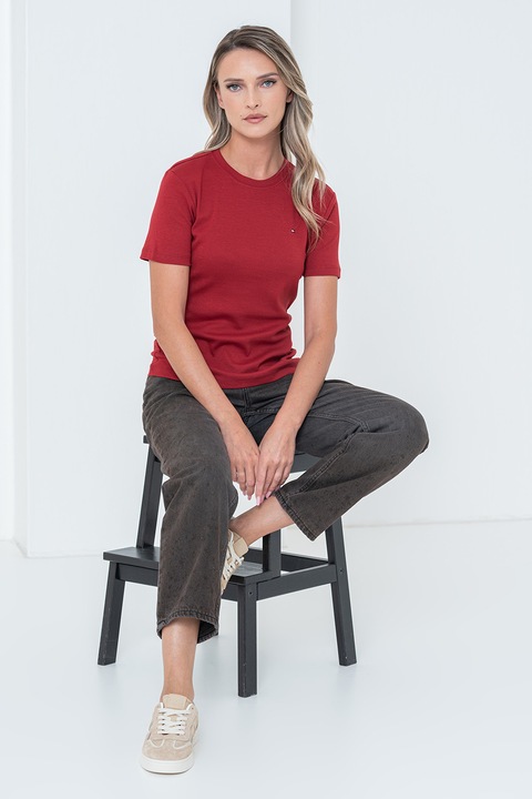 Tommy Hilfiger, Tricou slim-fit cu decolteu la baza gatului Cody, Caramiziu, S